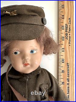 Vintage Composition Doll WWII USA Army Girl With Bag, Original Outfit 15 Rare