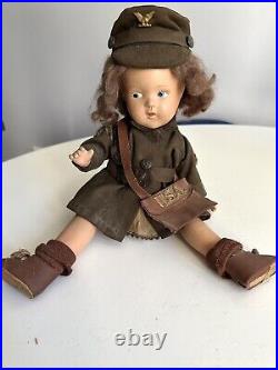 Vintage Composition Doll WWII USA Army Girl With Bag, Original Outfit 15 Rare