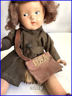 Vintage Composition Doll WWII USA Army Girl With Bag, Original Outfit 15 Rare