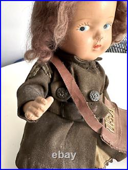 Vintage Composition Doll WWII USA Army Girl With Bag, Original Outfit 15 Rare