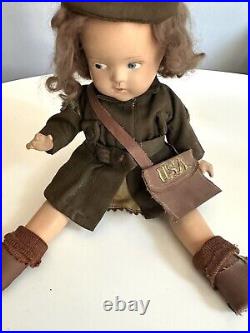 Vintage Composition Doll WWII USA Army Girl With Bag, Original Outfit 15 Rare