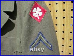 Vintage US ARMY WWII Uniform Ike Jacket With Patches 4th Army & Private H9385