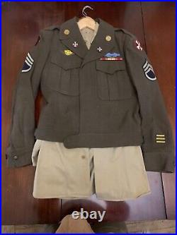 Vintage WWII United States Army Ike Jacket Uniform with Patches and Enamel Pins