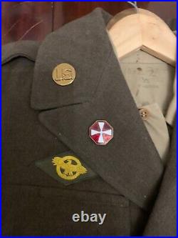 Vintage WWII United States Army Ike Jacket Uniform with Patches and Enamel Pins