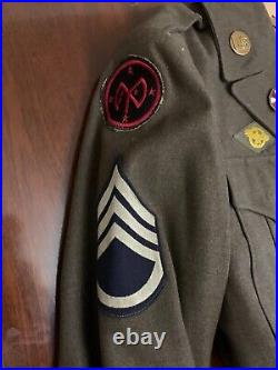 Vintage WWII United States Army Ike Jacket Uniform with Patches and Enamel Pins