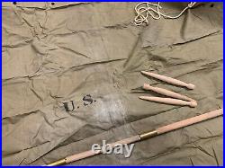 WW2 US Army COMPLETE Tent Early Khaki 1942 2xHalves 2xPoles 6xPegs 1xRope