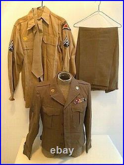 WW2 WWII 7th US Army Ike Jacket w /Khaki Shirt, Tie, Trousers, Ribbon Bar. 1944