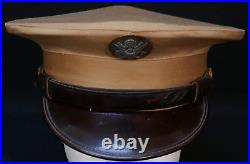 WWII Korean War Era US Army EM Enlisted Service Visor Hat Tan Cover Apx 6 5/8