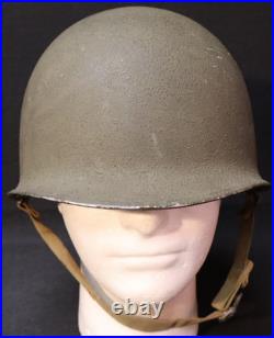 WWII U. S. Army M1 Combat Helmet Fixed Loop Bale Front Seam, Westinghouse Liner