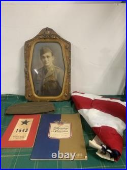 WWII US Army Soldier Photo Convex Frame 19x12 withHat, Burial Flag, Dog Tag ++