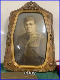 WWII US Army Soldier Photo Convex Frame 19x12 withHat, Burial Flag, Dog Tag ++