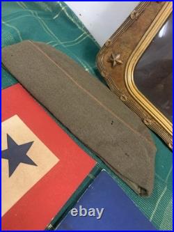 WWII US Army Soldier Photo Convex Frame 19x12 withHat, Burial Flag, Dog Tag ++