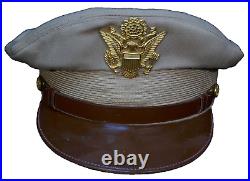 WWII US Army USAAF Officers Summer Khaki Service Visor Hat 7 1/2 Size, War-Time