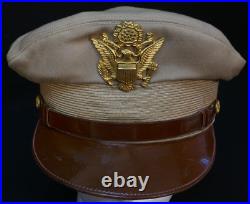 WWII US Army USAAF Officers Summer Khaki Service Visor Hat 7 1/2 Size, War-Time