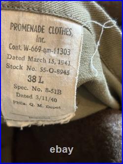 WWII US Army Wool Overcoat 1941 M1939 Enlisted 38L QM with2nd inf Shirt & Cap