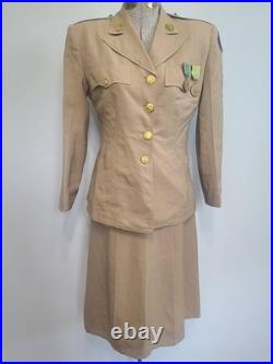 WWII Women's Army Khaki WAC Uniform Jacket & Skirt & Medals 1940s (B-36 W-24)